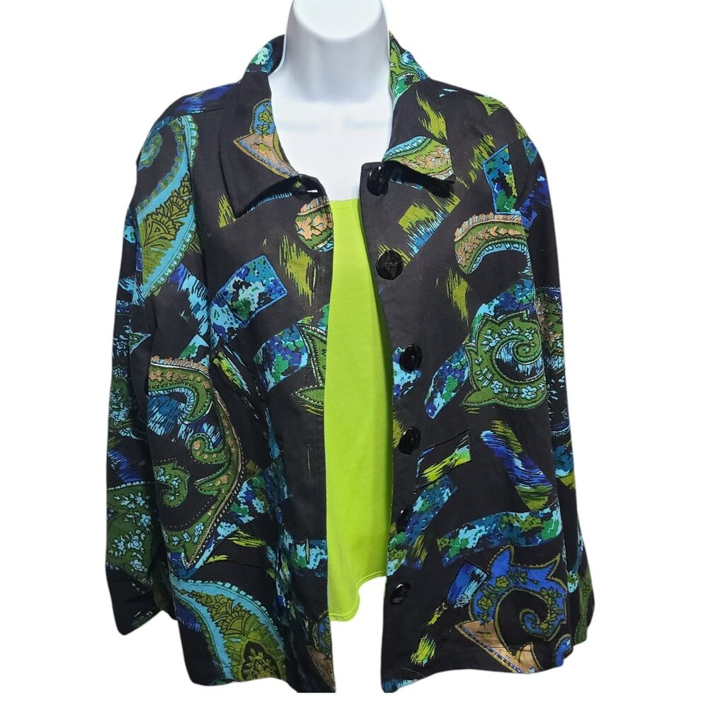 Life Style Woman Black Teal Green Gold Paisley Printed Jacket 1X